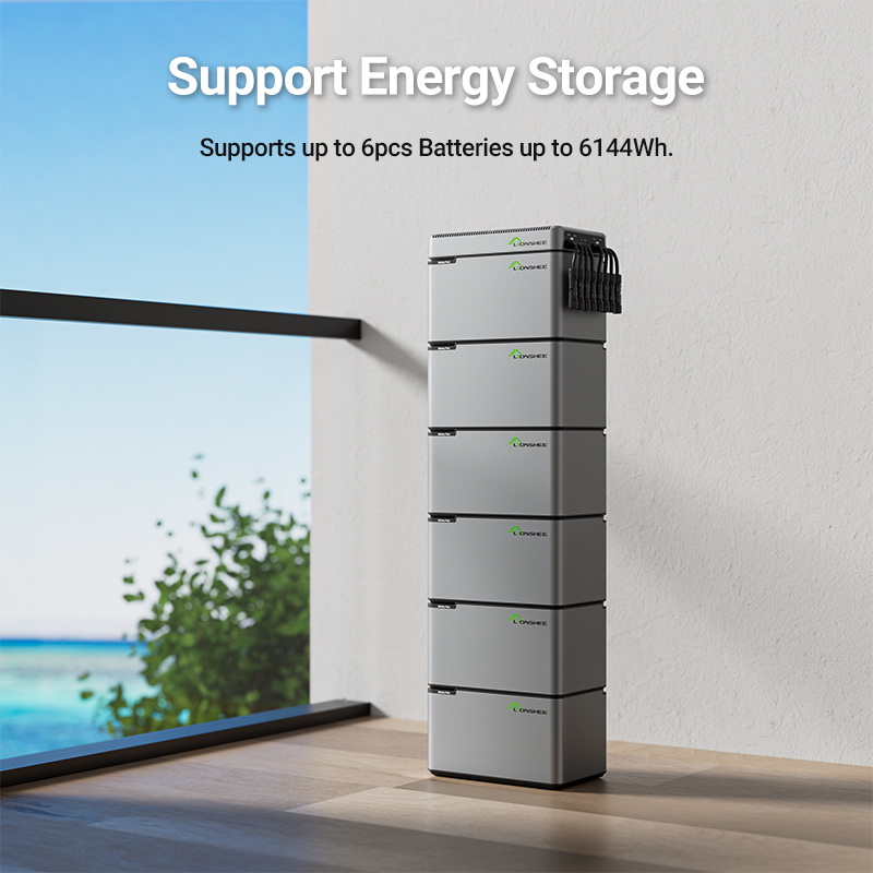 Seis unidades LS-L1024 apiladas en un balc&oacute;n con vistas al mar, 6144Wh